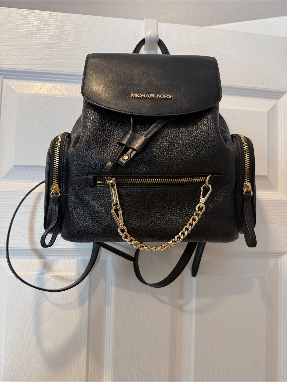 Michael Kors Black Pebbled Leather Mini Backpack with Gold Chain Detail